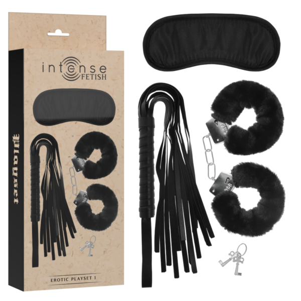 INTENSE FETISH – PLAYSET ERÓTICO 1 COM ALGEMAS, MÁSCARA CEGA E FLOGGER