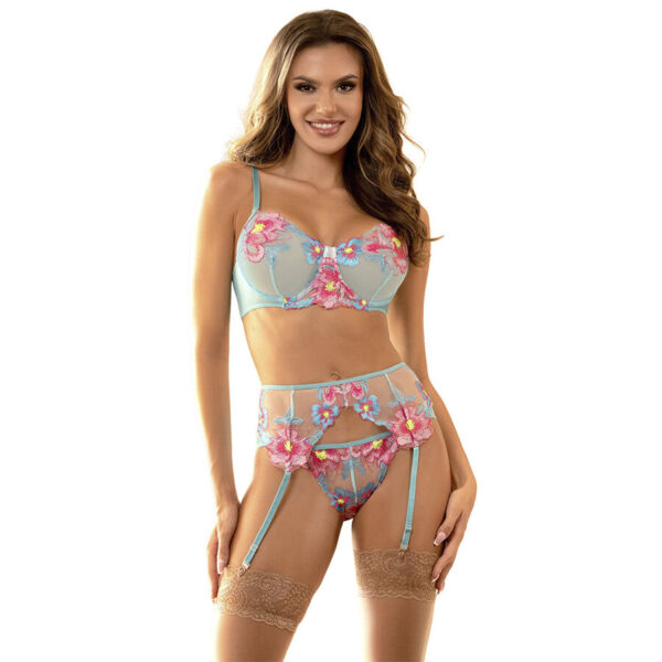 SUBBLIME – 957643 CONJUNTO DE SUTIÃ E CINTO-LIGA BORDADO COM FLORES ROSA S/M